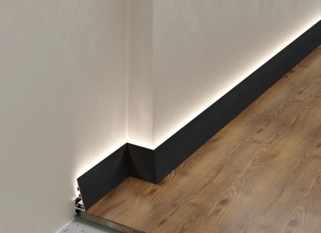 Микроплинтус Laconistiq /Световой/Light (под подсветку) Черный анодированный 25х16х5х2450мм, 7 зажимов в комплекте